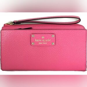 KATE SPADE* Layton Wellesley pink leather wristlet wallet, full zip close+ more
